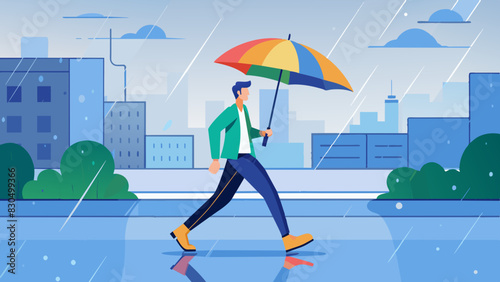 Businessman Walking in Rain with Colorful Umbrella in Urban Setting