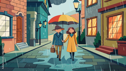 Romantic Couple Strolling with Umbrella on Rainy City Street