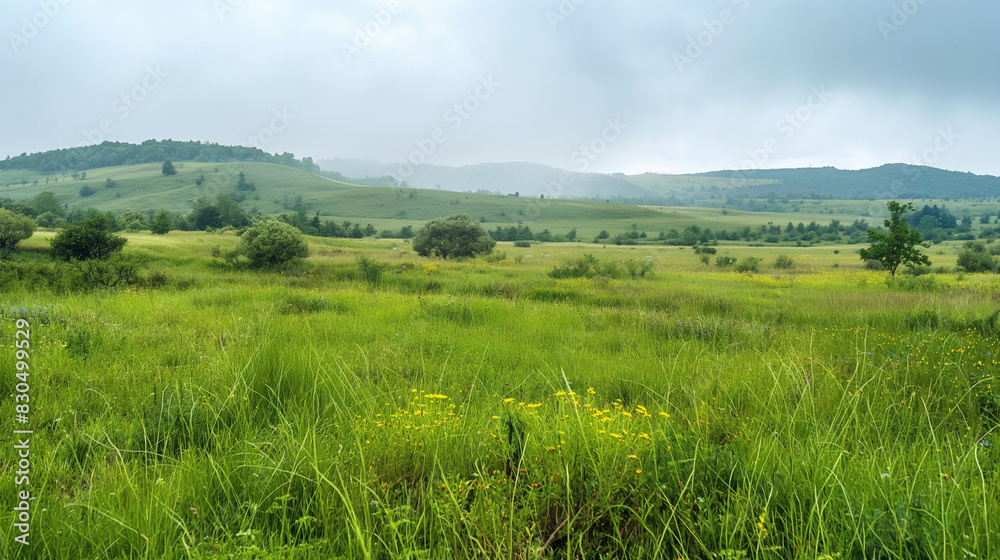 Beautiful natural panoramic countryside landscape. Blooming wild high grass in nature after rain in the morning. Beautiful natural panoramic countryside landscape. Blooming wild high grass in nature after rain in the morning.