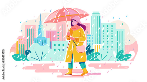 Colorful Urban Woman Walking with Umbrella on Rainy Day