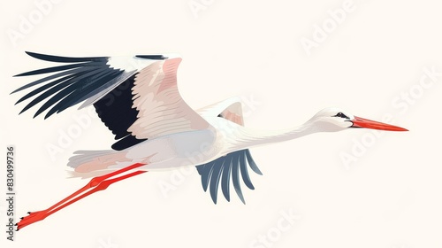 Minimalistic and elegant stork carrying baby drawing, bright and light, isolated on white background