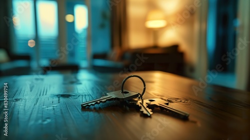 Keys resting on a table in a new apartment, symbolizing the start of a new chapter photo