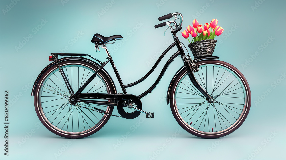 A stylish black bicycle with a front basket of subtle tulips, shown in full view against a soft midnight light blue background.