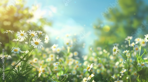 Spring scene: blooming chamomile, trees, and sunny blue sky