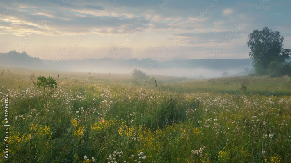 Obraz premium Beautiful natural panoramic countryside landscape. Blooming wild high grass in nature after rain in the morning.