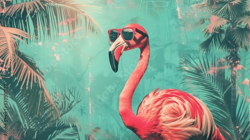 Abstract collage featuring a flamingo wearing sunglasses, surrounded by palm trees, all presented in a vintage style