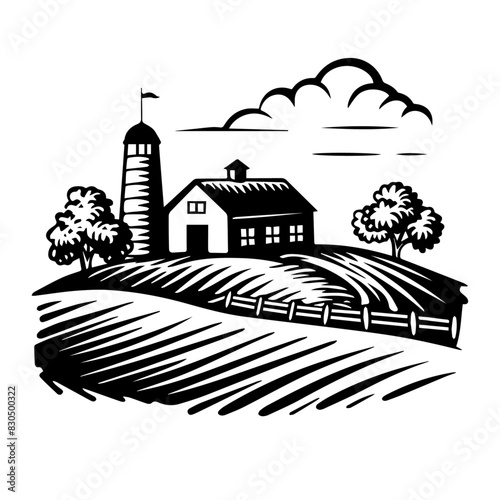 Minimalist Farm Linocut Vector Icon - High Contrast Black and White Design