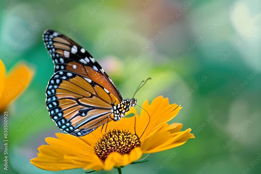 A beautiful butterfly perched on a yellow flower with a blurred background. A beautiful butterfly perched on a yellow flower with a blurred background.