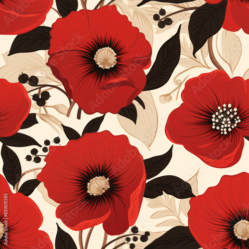 A chic vintage pattern with bold red flowers and delicate leaves  seamlessly tiled for a timeless look