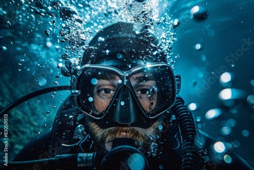 A scuba diver explores the underwater world. The diver is surrounded by bubbles and wears a mask, fins, and a wetsuit.