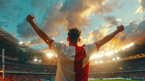 Ecstatic soccer player celebrates his victory with arms raised in front of cheering crowd under stadium lights. photo