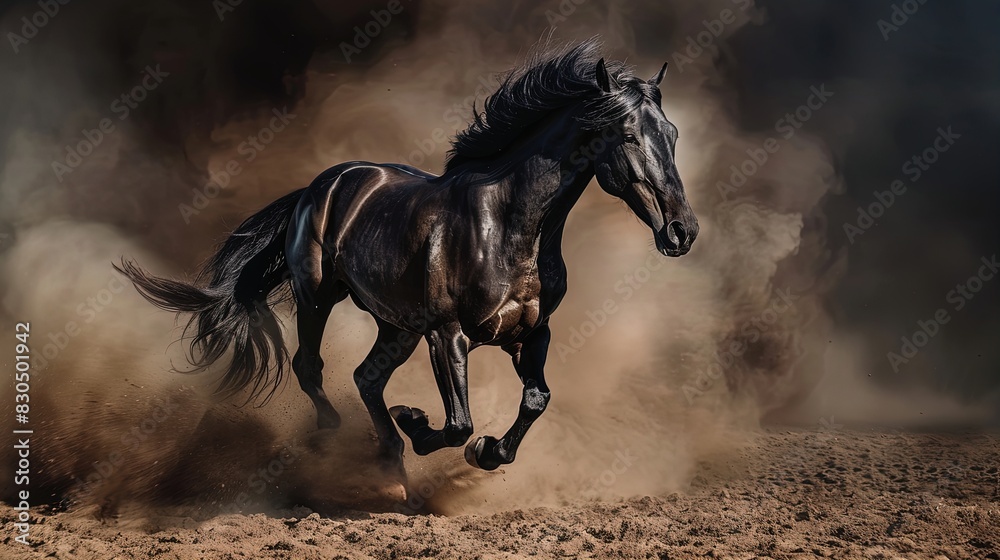 Galloping black horse kicking up dust in motion. Dynamic studio action shot. Strength and speed concept. Design for poster, wallpaper, banner. Galloping black horse kicking up dust in motion. Dynamic studio action shot. Strength and speed concept. Design for poster, wallpaper, banner.