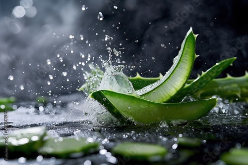 Aloe vera plant with water drops on black background, closeup photo