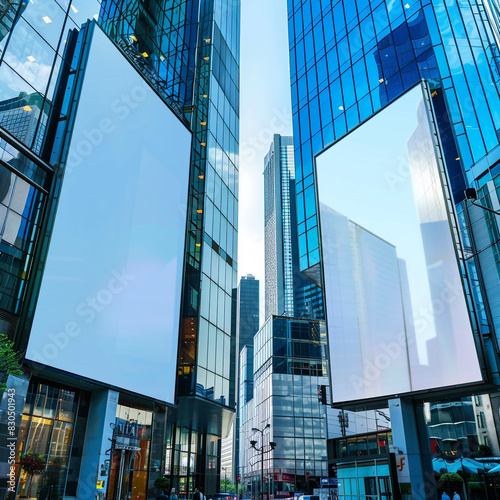 Vertical blank billboards in a modern business area framed by reflective skyscrapers. photo