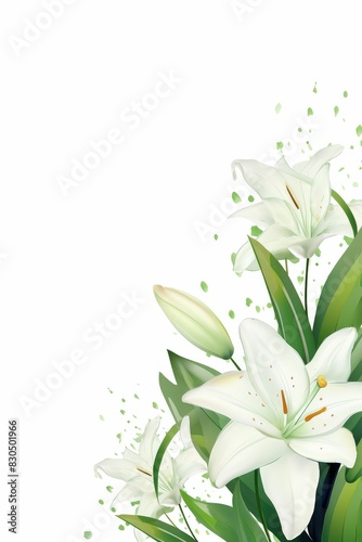 lily themed frame or border for photos and text. with elegant white petals and green stems. watercolor illustration  Perfect for nursery art  simple clipart  single object  white color background. 