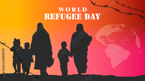 concept design commemorating world refugee day. migrating or fleeing an area due to war, crime, violent behavior. Silhouettes of people migrating