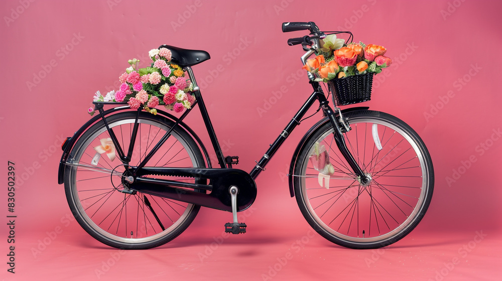 A utility black bicycle with a modest arrangement of market flowers in the front basket, presented on a practical deep light pink background, ideal for everyday use.