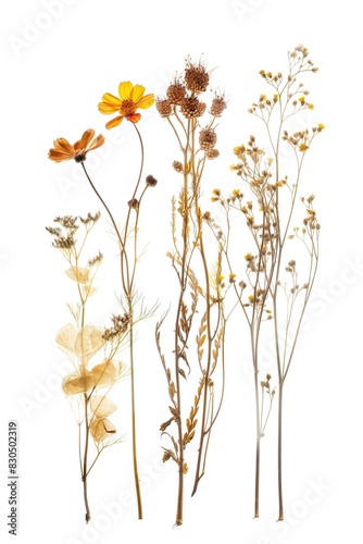 Dried and pressed flowers isolated on white background. Beautiful herbarium