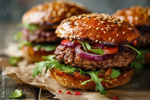 Delicious burger with arugula. Beautiful serving of food in a restaurant