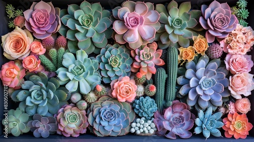 A vibrant assortment of succulents and cacti arranged in a box, showcasing various shapes, sizes, and colors for a stunning display. Background, backdrop for photoshoot.