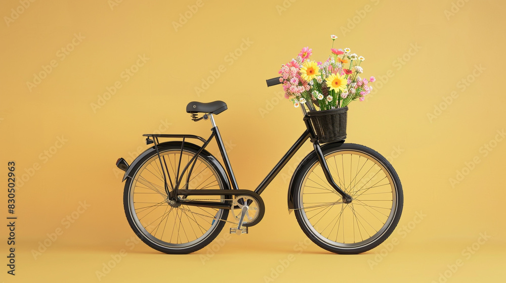 A utility black bicycle with a modest arrangement of market flowers in the front basket, presented on a practical deep light yellow background.