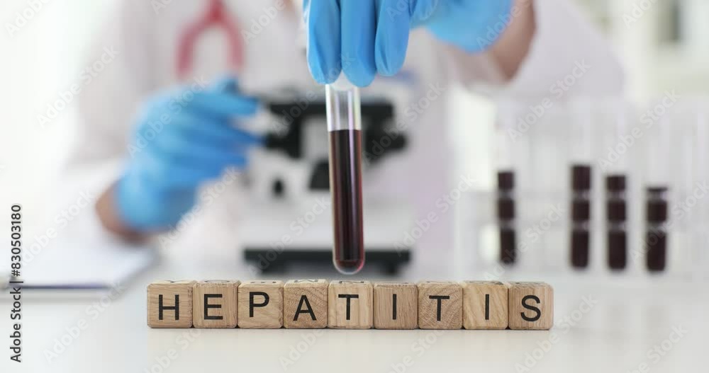 Doctor holds test tubes with blood and word hepatitis