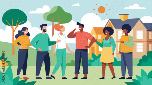 A group of neighbors on a walk around the neighborhood pointing out potential locations for the community garden and discussing the best spot to maximize sunlight and. Vector illustration