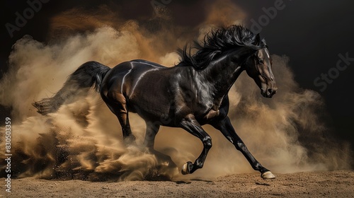 Galloping black horse kicking up dust in motion. Dynamic studio action shot. Strength and speed concept. Design for poster, wallpaper, banner.