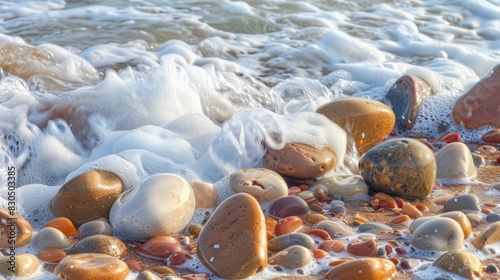 Pebbles scattered on the shore as sea waves roll in with frothy foam