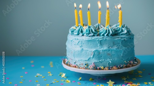 Blue frosted birthday cake with yellow candles on blue backdrop for celebration
