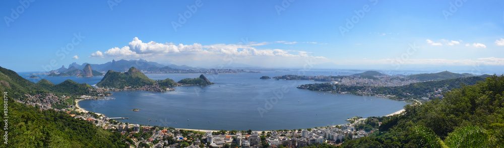 Panoramic photo of the View of Rio de Janeiro and Guanabara Bay from Parque Cidade in Niterói, Brazil.