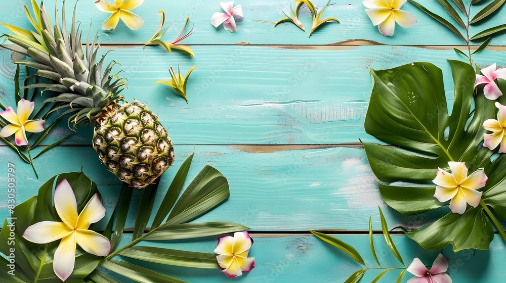 Fototapeta premium Ripe pineapple and beach sea life style objects over pastel mint blue wooden background. Tropical summer vacation concept.