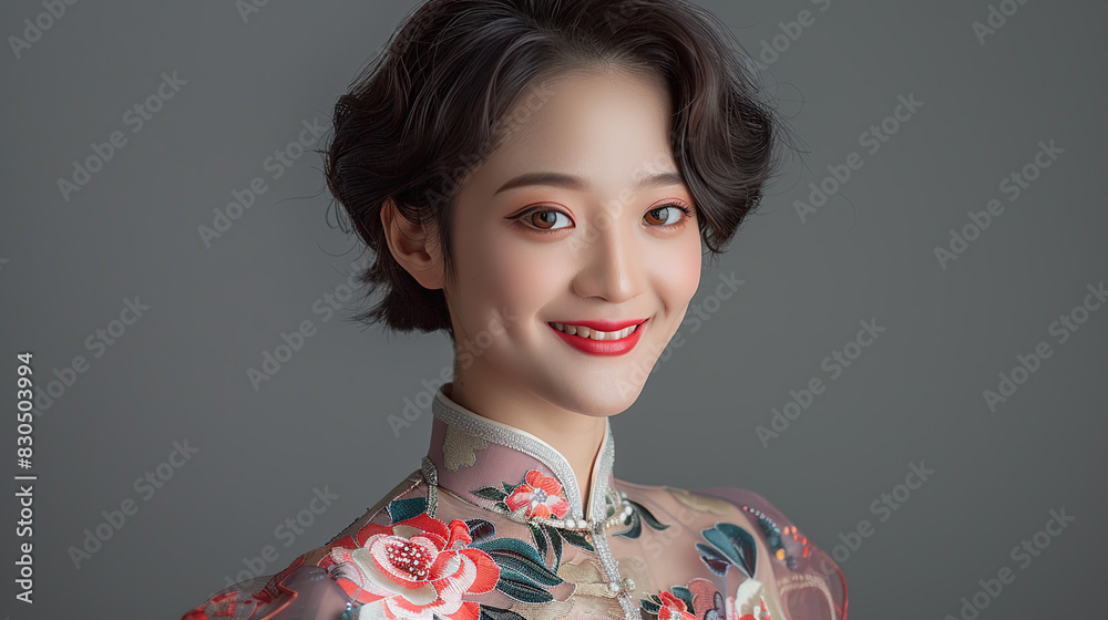 An elegant young Chinese woman in a cheongsam against a grey background An elegant young Chinese woman in a cheongsam against a grey background