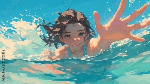 A girl who looks adorable is struggling in the water unable to swim and appears shocked She desperately raises her hand signaling for help photo