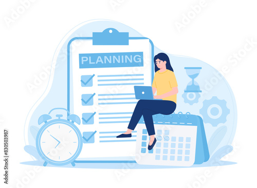 Businessman analyzes data and makes checklist with development plan concept flat illustration