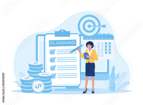 Businessman analyzes data and makes checklist with development plan concept flat illustration