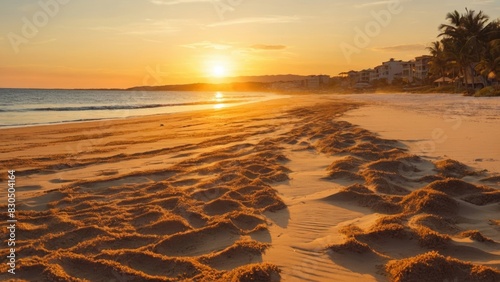 Serene sunset tranquil beach scene with warm glow and coastal buildings