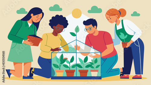 Four students collaborate to build a miniature greenhouse arranging tiny plants and measuring soil levels to ensure accuracy.. Vector illustration