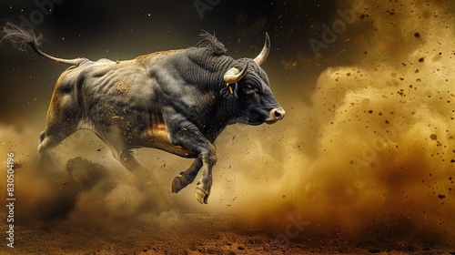 Charging white bull in motion surrounded by smoke. Dynamic studio action shot. Strength and power concept. Design for poster, wallpaper, banner.