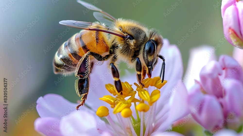 A beautiful bee is getting pollen from a flower A beautiful bee is getting pollen from a flower