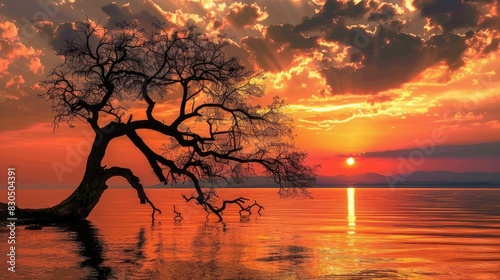 Stunning sunset and withered tree photo