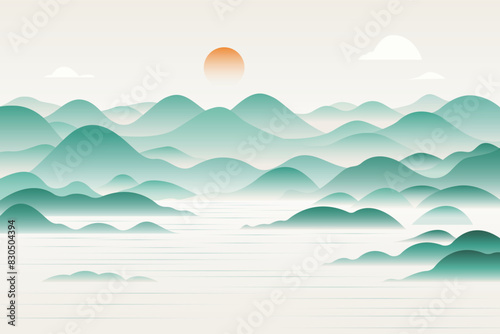 Minimalist Line New Chinese Sunrise Impression Landscape Vector Illustration