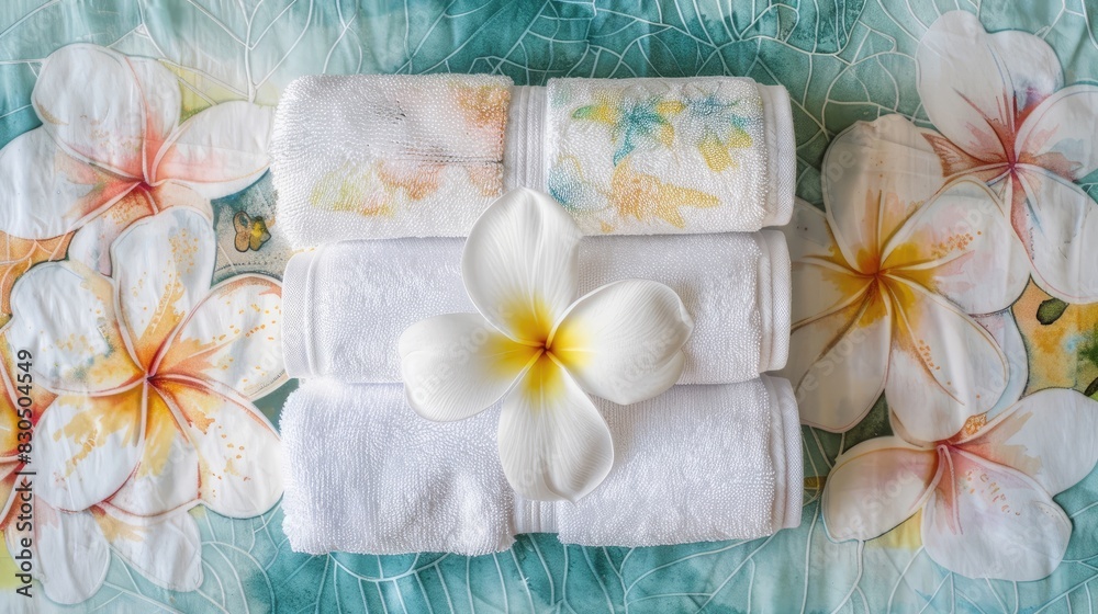 Spa Set with Three Watercolor Towels and Soft Washcloth Featuring Frangipani and Plumeria Flowers Spa Set with Three Watercolor Towels and Soft Washcloth Featuring Frangipani and Plumeria Flowers