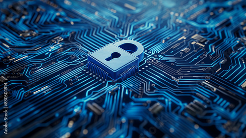 The lock is set against the intricate patterns of digital circuits, conveying the idea that digital designs can be used to protect information in online environments