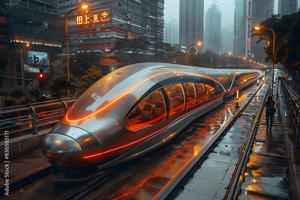 A high-tech transportation system featuring hyperloop trains and autonomous vehicles in a futuristic city List of Art Media Futuristic Technology