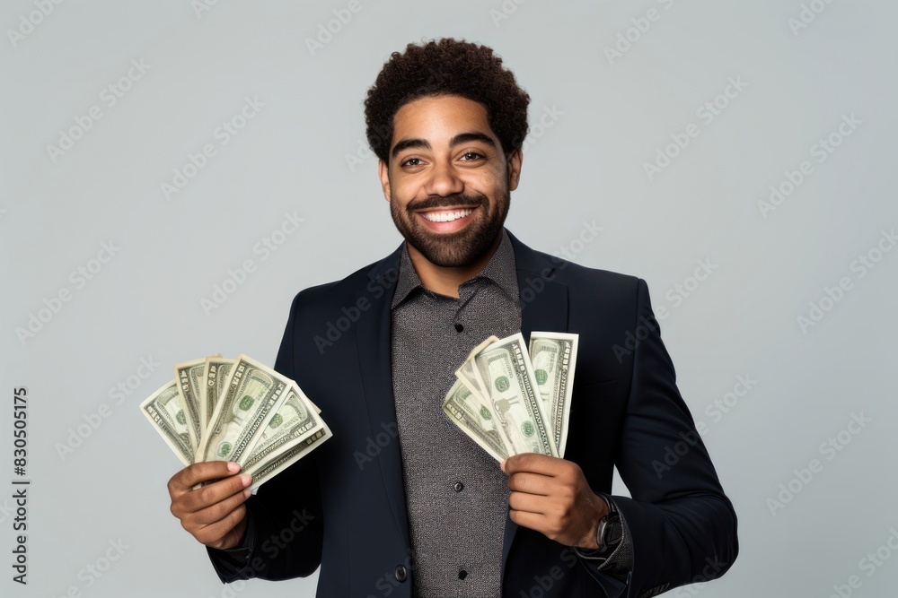 Affrican american businessman holding a fan of bank notes money smile adult. Affrican american businessman holding a fan of bank notes money smile adult.