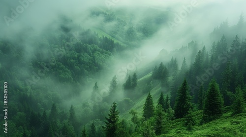 Misty mountain forest with lush greenery and dense pine trees. A serene and tranquil landscape. © ZethX
