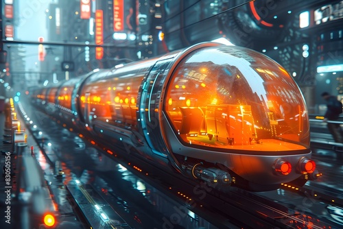 A high-tech transportation system featuring hyperloop trains and autonomous vehicles in a futuristic city List of Art Media Futuristic Technology © sakareeya