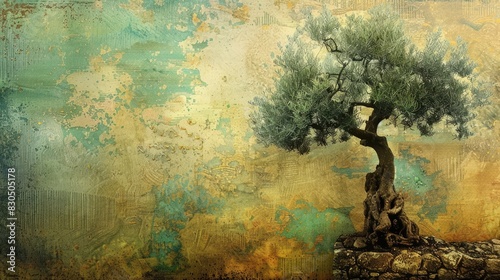 Background with vibrant textures featuring an olive tree photo