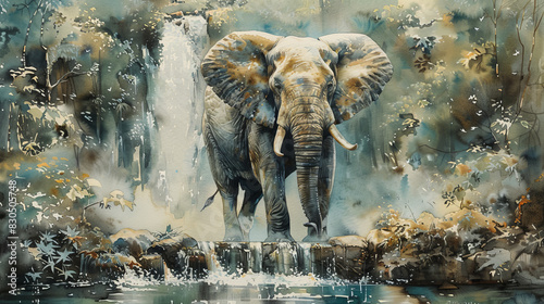 A painting of an elephant walking across a river photo